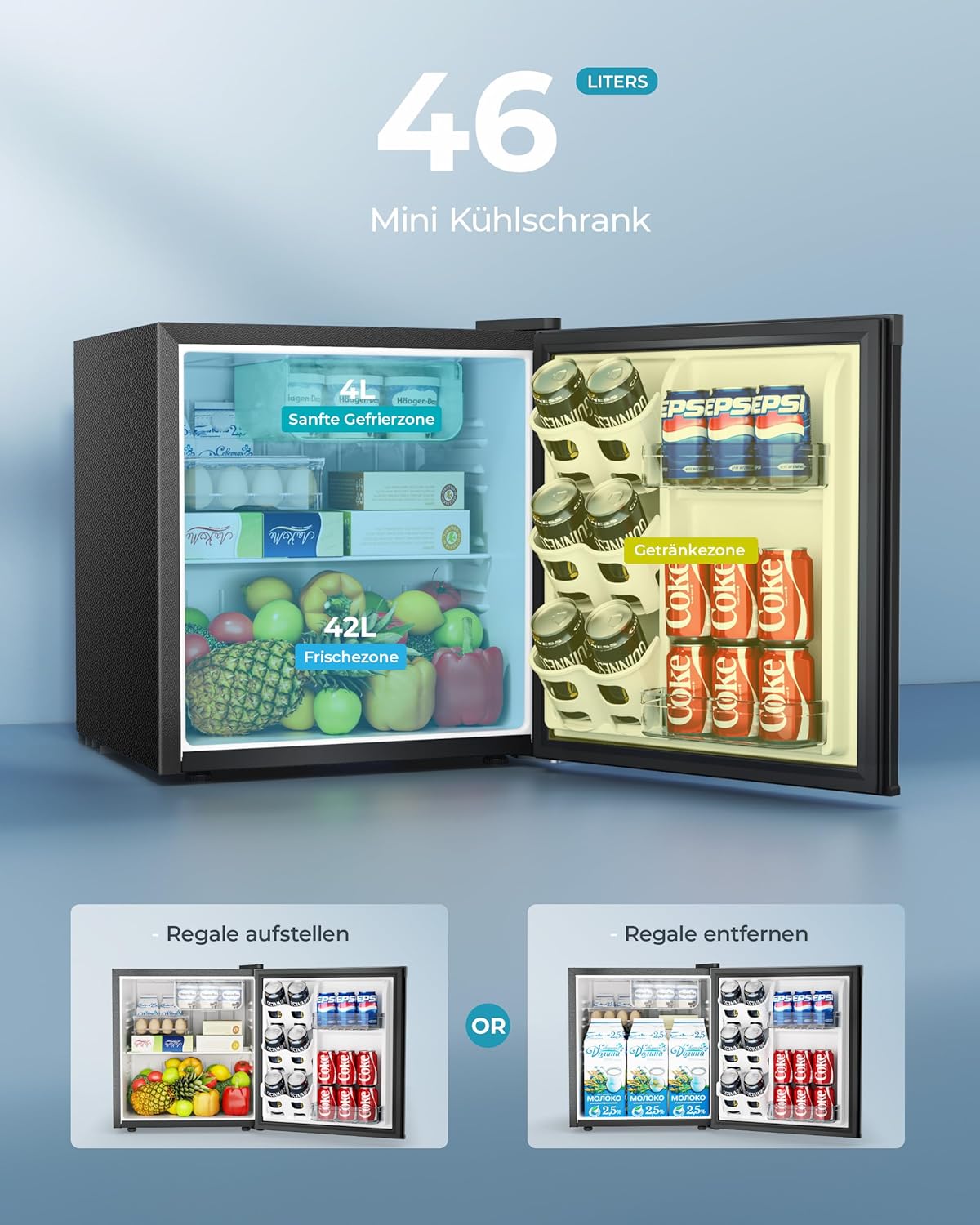 EUHOMY Mini Kühlschrank, 46L Kühlschrank klein, kleiner Kühlschrank mit umkehrbarer Tür, 7-Stufen Thermostat, 38dB Ultra-Leise, Energieeffizienter Kompaktkühlschrank für Schlafzimmer, Büro (Schwarz)