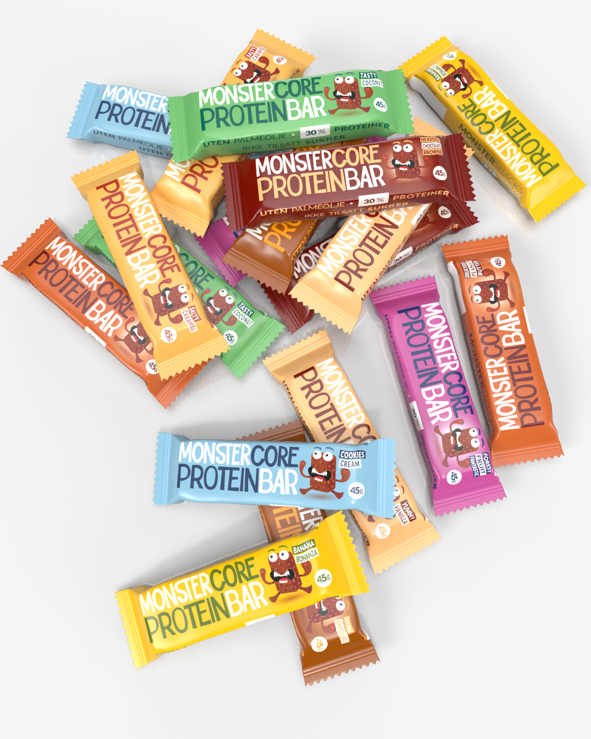 Monster Core Protein Bar SMAKSPAKKE! 9 SMAKER OG 18 BARER!