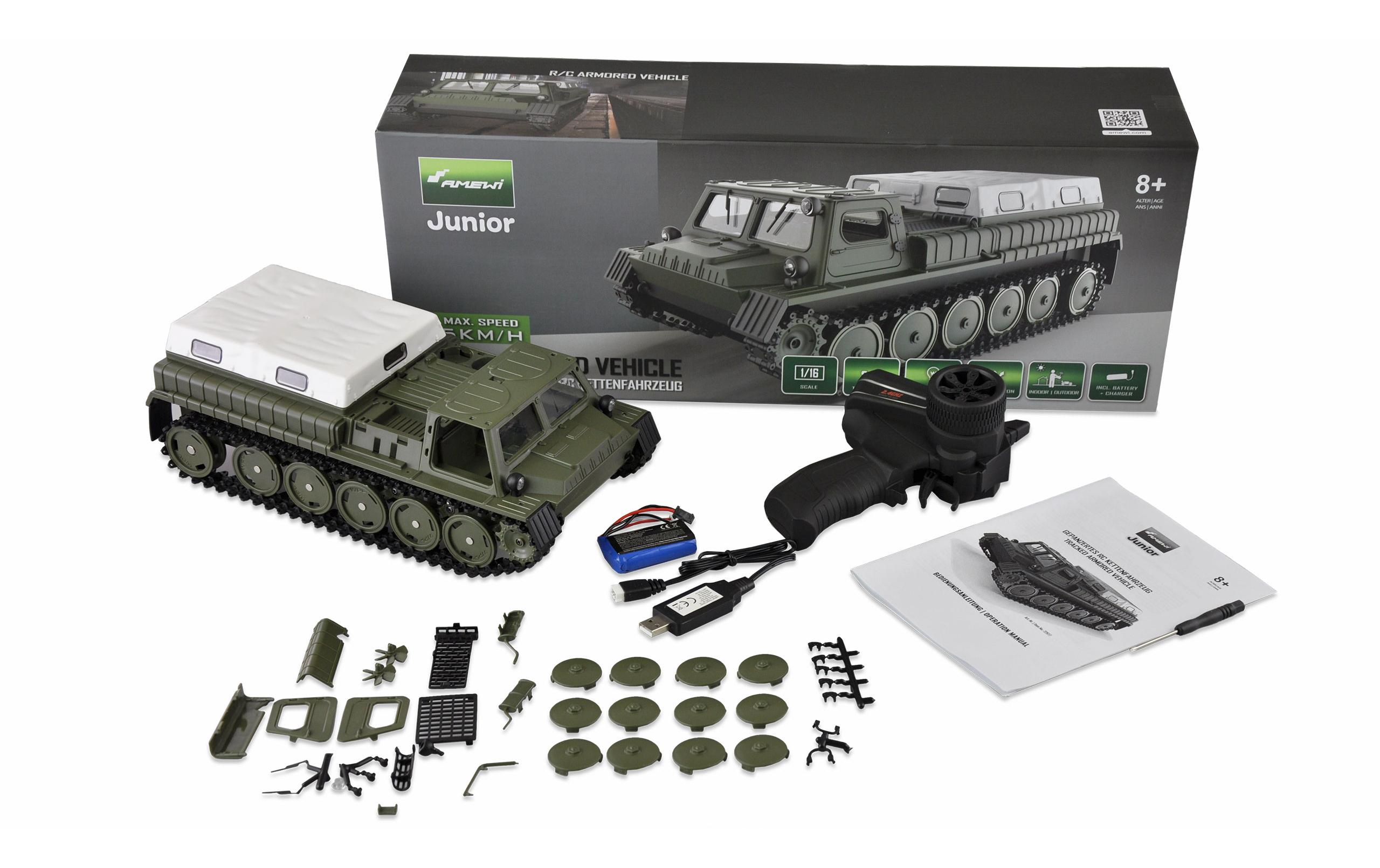 Gepanzertes RC Kettenfahrzeug, Olivgrün RTR, 1:16Gepanzertes RC Raupenfahrzeug