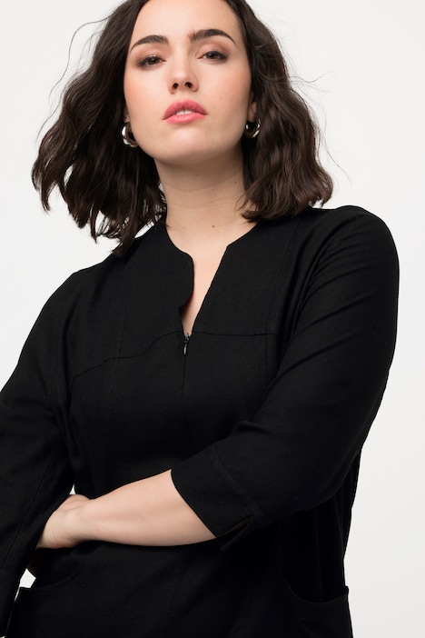 Kleid, A-Linie, Stehkragen, 3/4-Arm, Leinenmix
