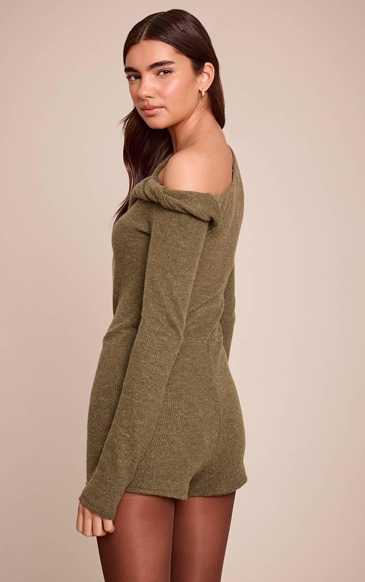Vert Olive Body Côtelé À Épaules Dénudées Avec Détail Torsadé