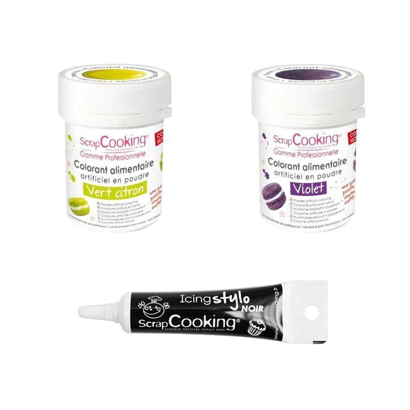 2 colorants alimentaires violet-vert citron + Stylo glaçage noir Scrap