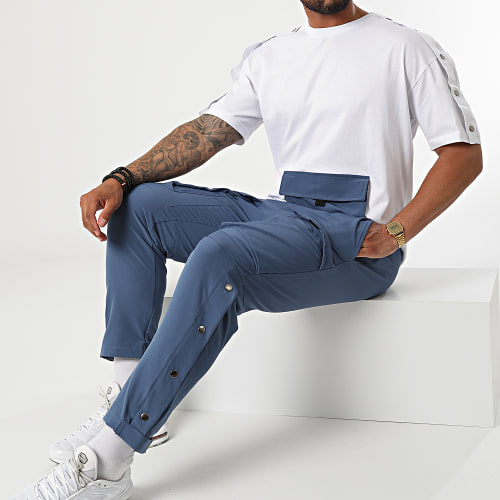 Ensemble Tee Shirt Pantalon Cargo F22-907T Blanc Bleu Clair