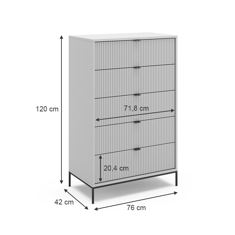 Vicco Kommode Eliza, Grau 76 x 42 cm, mit 5 Schubfächer, Wohnzimmer, Schlafzimmer