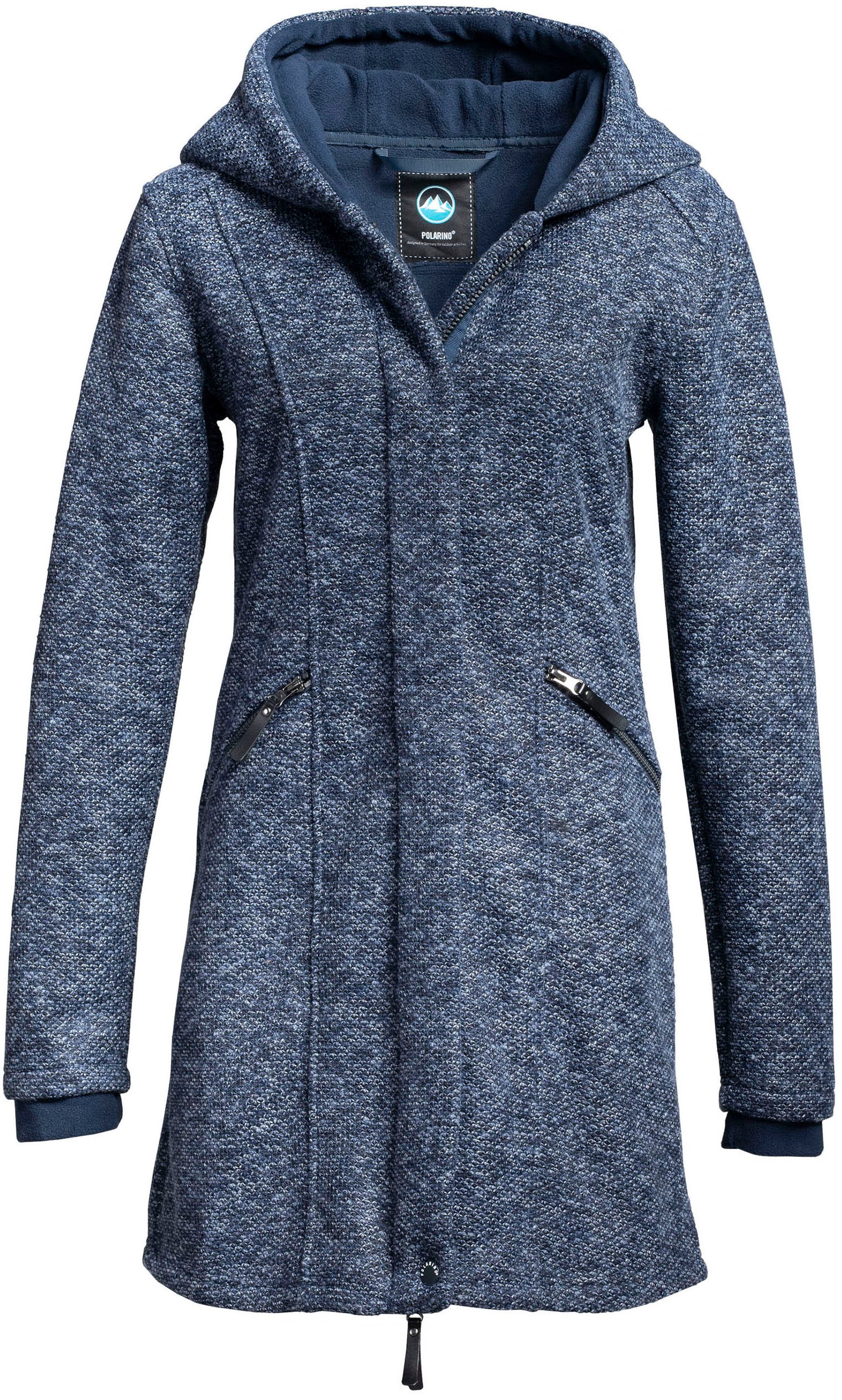 Polarino Strickmantel , atmungsaktiv und wärmeisolierend. Strickoptik aussen, Fleece innen.