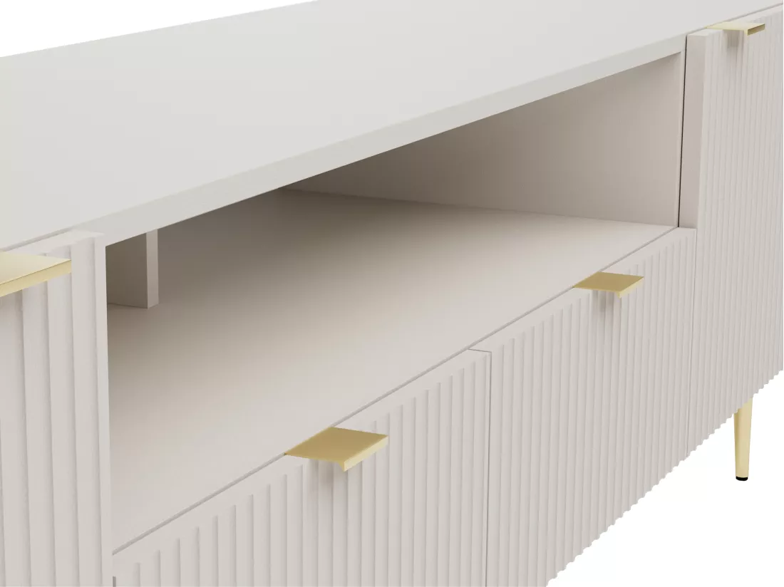 Meuble TV avec 2 portes, 2 tiroirs et 2 niches en MDF et acier - Beige et Doré - YESINIA