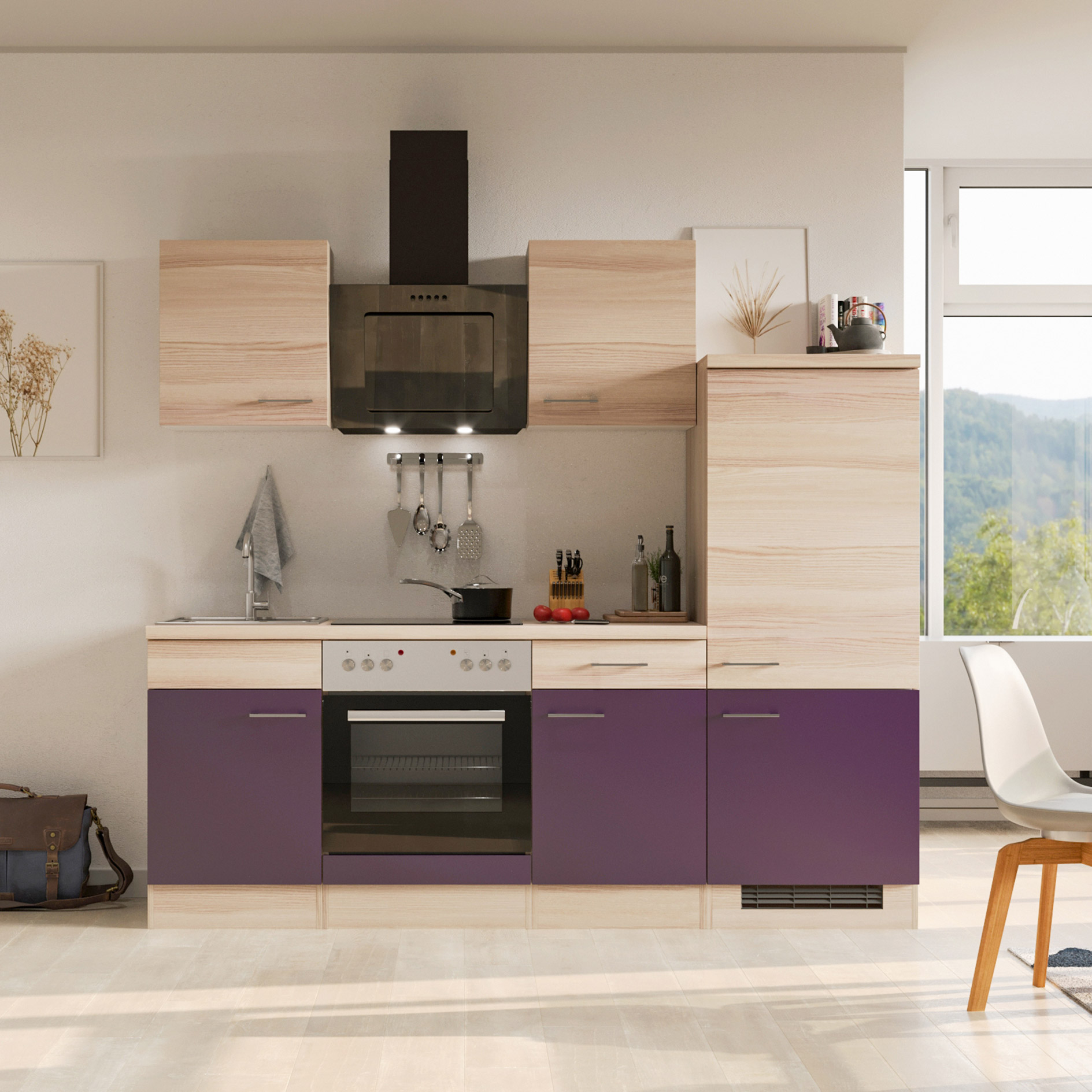 Küchenblock FOCUS - Akazie - Aubergine - mit E-Geräten - 220 cm