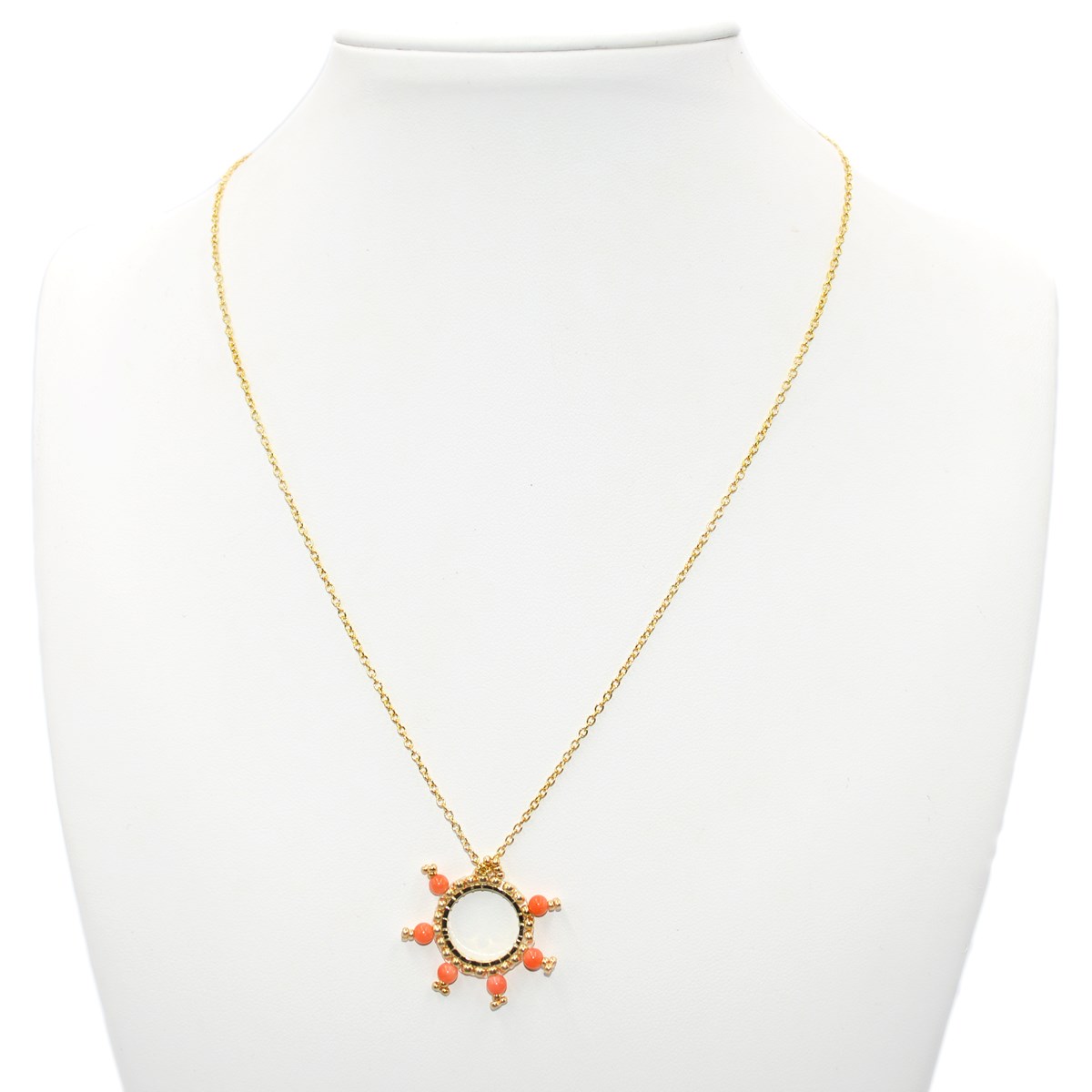 Collier avec pendentif anneaux tissé mains- Perles  miyuki , perles de corail-Doré à l'or fin