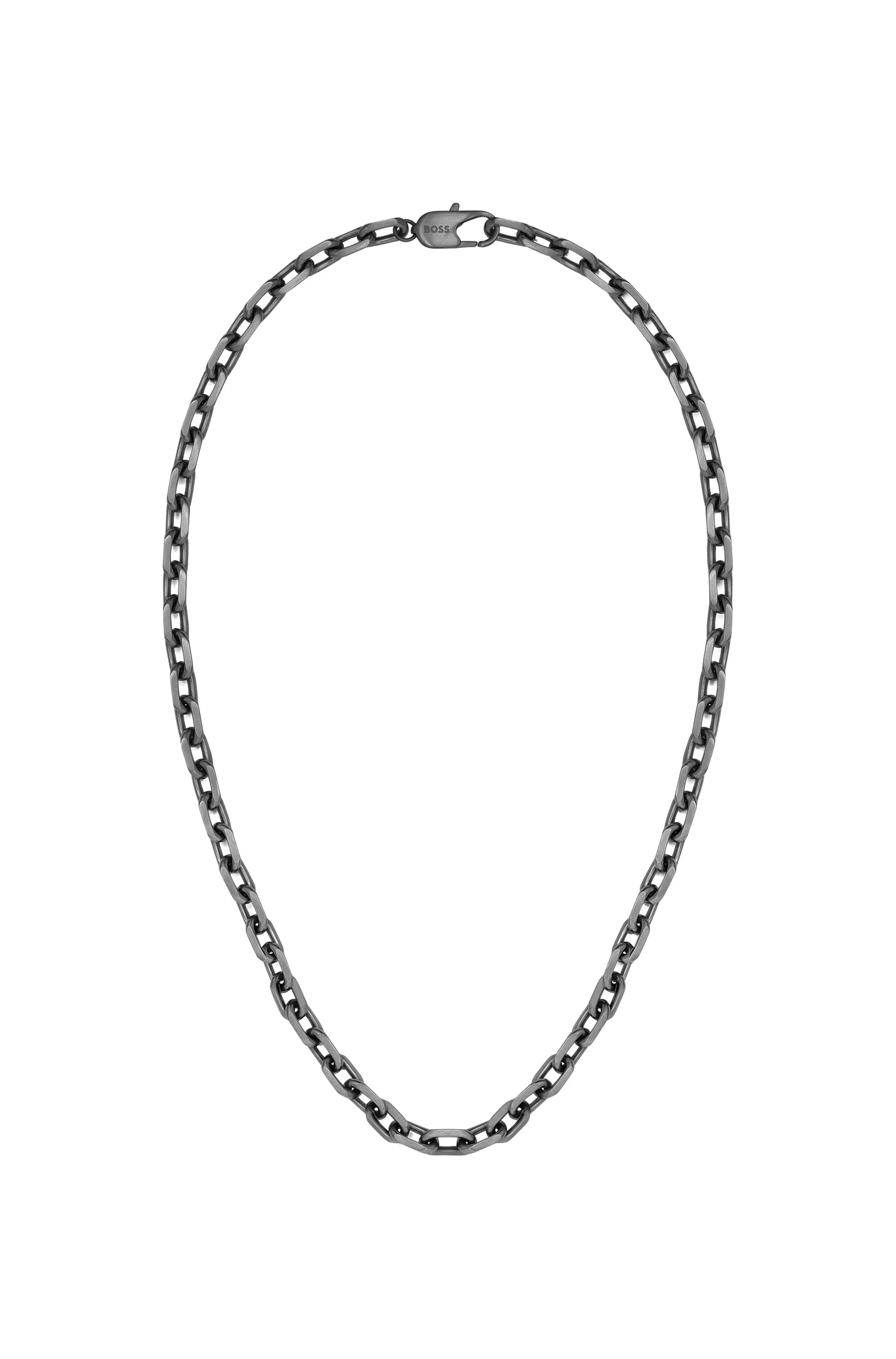 Colar BOSS com corrente banhada a preto e cinza e fecho com a marca.