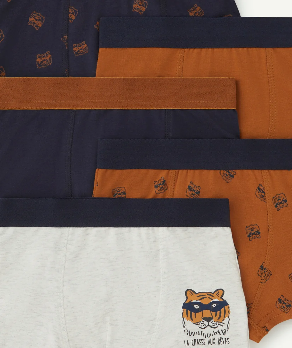 LOT DE 5 BOXERS GARÇON EN COTON BIO OCRE ET BLEU MARINE
