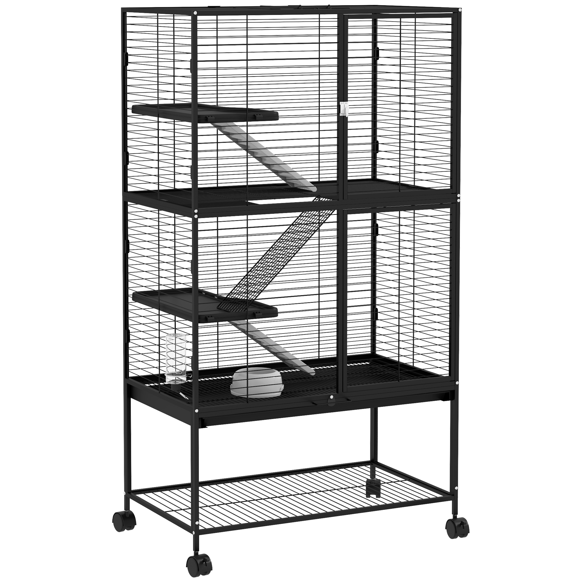 Gaiola PawHut de 4 Níveis para Pequenos Animais, Cercado com Rodas, Rampa, Bebedouro, Garrafa de Água e Bandeja Removível, Ideal para Coelhos, Chinchilas e Furões, 78x45,5x136 cm, Preta