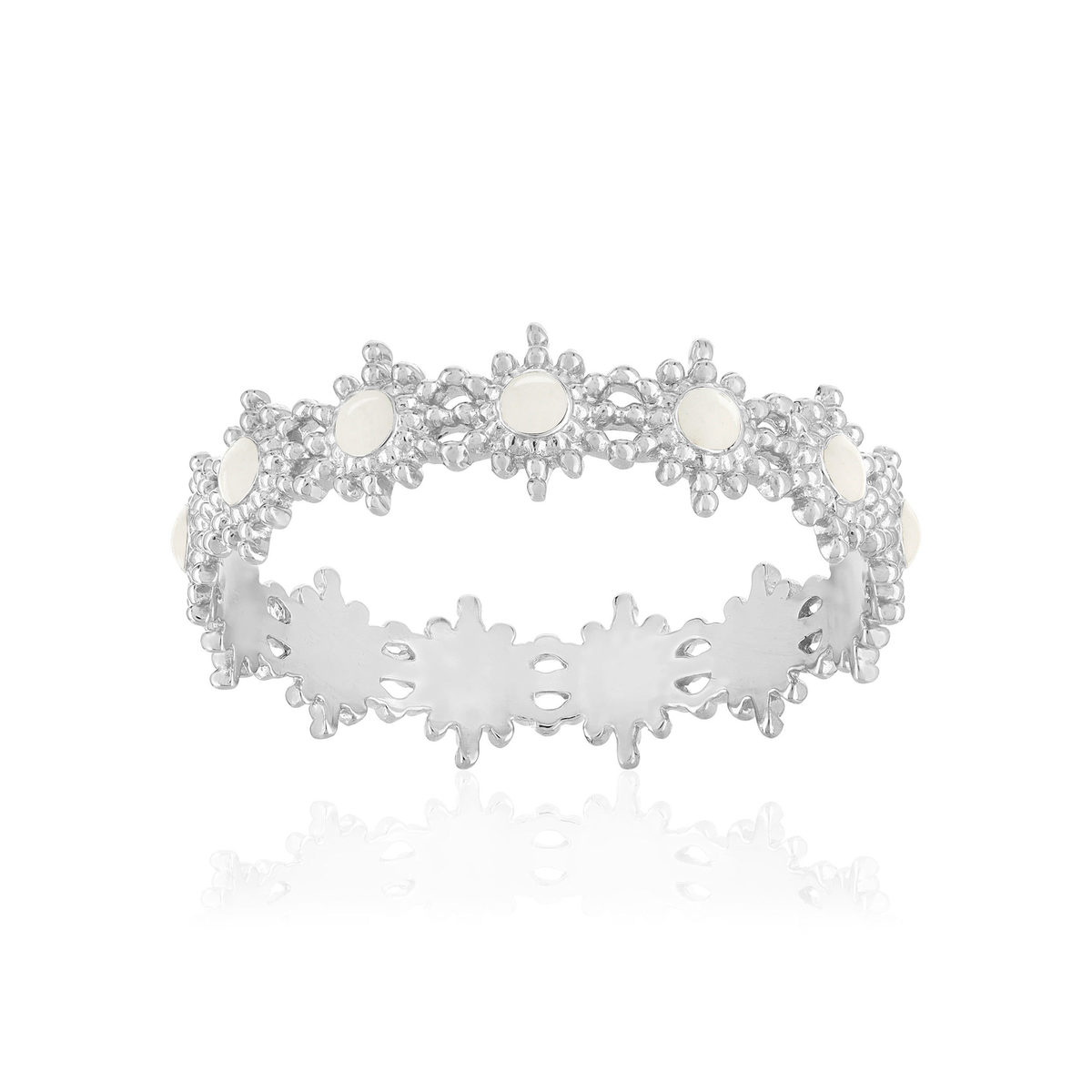 Bague argent 925 perlée motif soleil et laque blanche