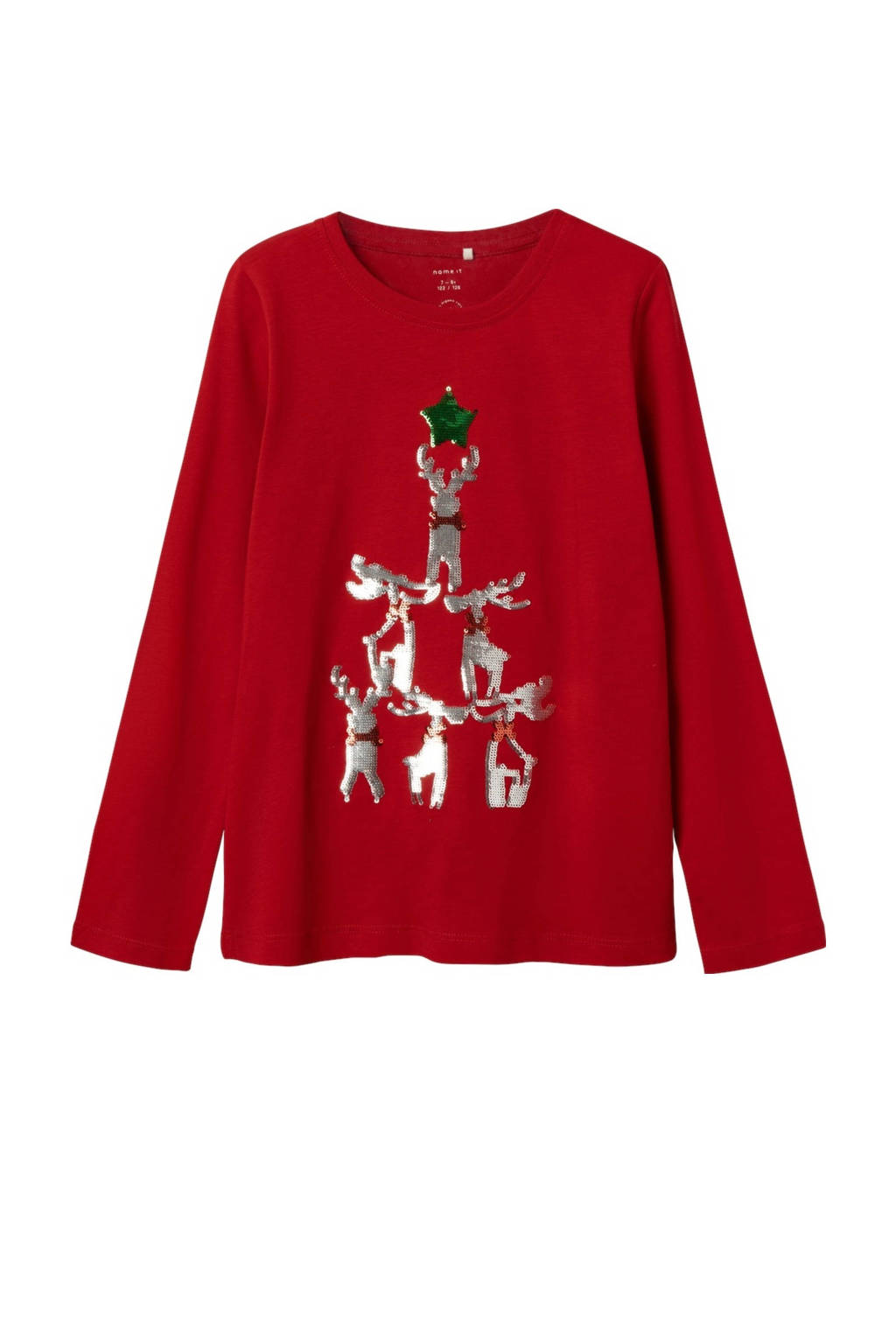 NAME IT kerstlongsleeve NKFPRIJUL met printopdruk en pailletten rood