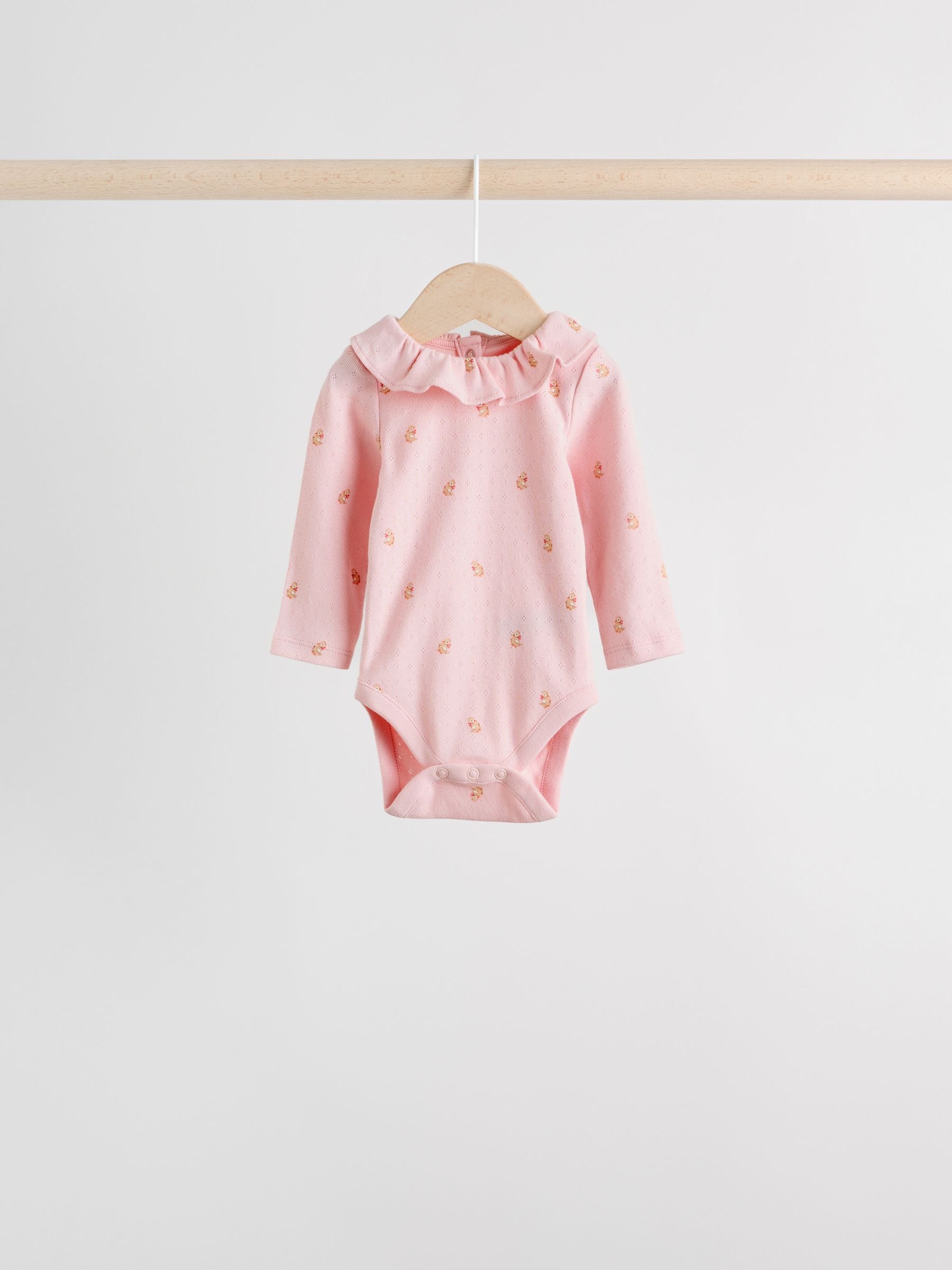 Roze/crème/bruin met fijne bloemetjesprint - Verpakking van 4 babyrompers met lange mouwen en ruches (0mnd-2jr)