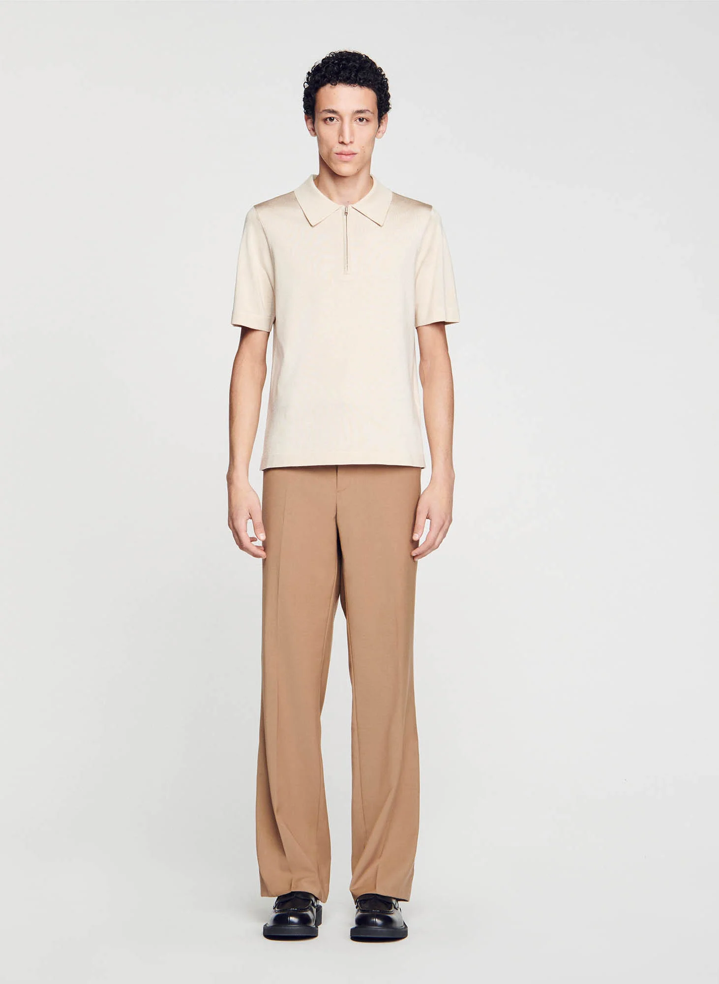 T-shirt manches courtes à col polo zippé | Beige