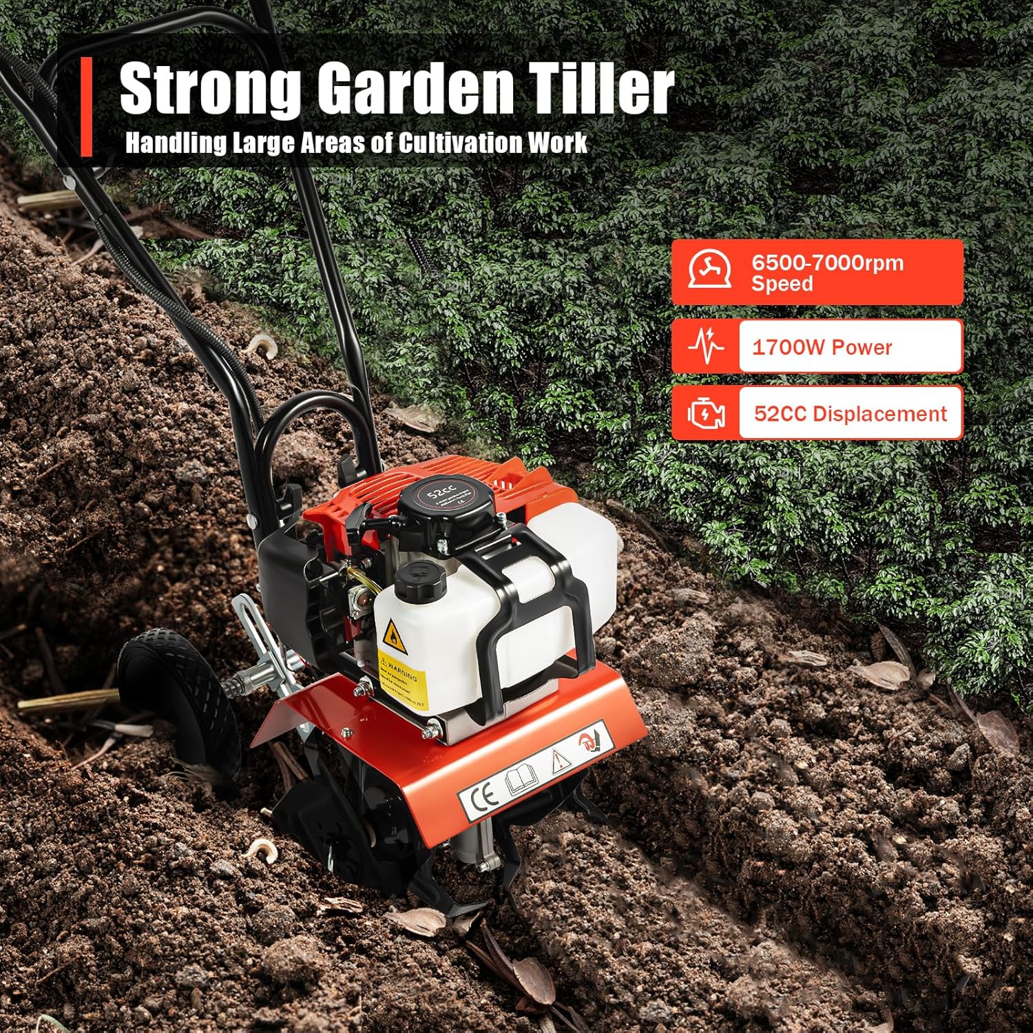 Gartenfräse Benzin Motorhacke 2 Takt Bodenhacke Gas Garten Kultivator 3-10cm Arbeitstiefe 35cm Arbeitsbreite 6500-7000r/min 1900W