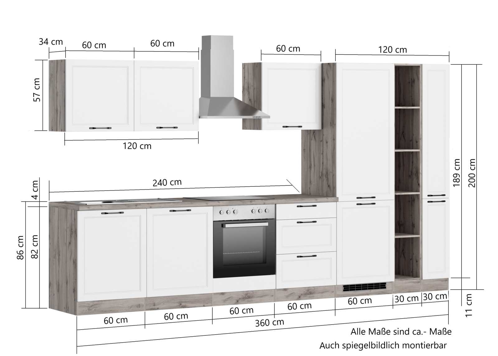 Küchenzeile MERAN - weiß - Wotaneiche - mit E-Geräten - 360 cm