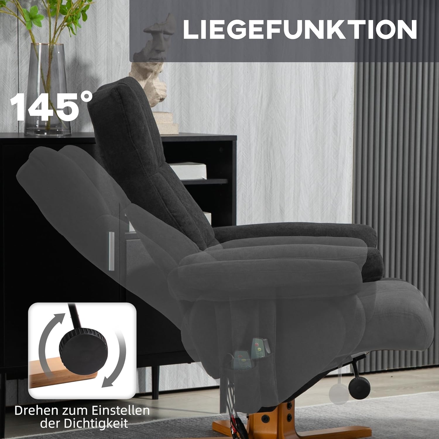 HOMCOM Relaxsessel mit Hocker, 360°drehbarer Fernsehsessel mit Massage, Liegefunktion, Massagesessel mit Seitentasche, TV-Sessel, Polyester für Wohnzimmer Schwarz