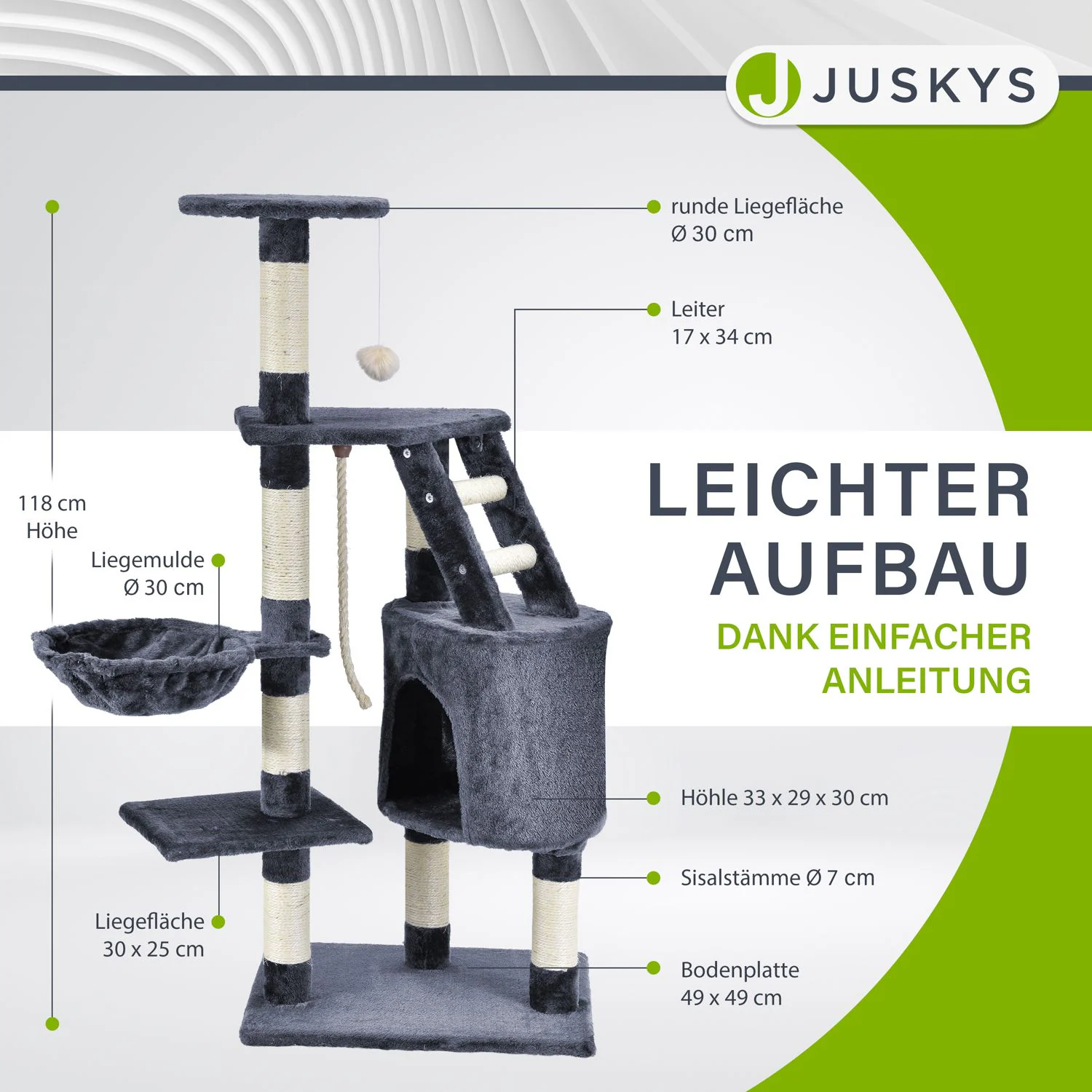 Juskys Kratzbaum Buffy grau – Katzenbaum mit Höhle, Liegemulde, Liegeflächen & Sisal-Stämme