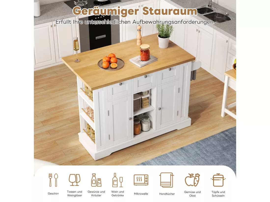 Ilot central de cuisine mobile avec 3 tiroirs, 2 portes et étagères - plateau extensible - 132 x 40/70 x 87 cm - Bois MDF - Blanc + naturel