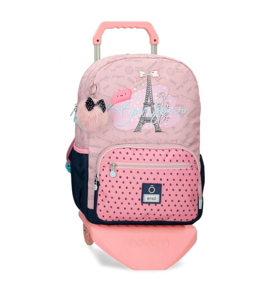 Mochila para computador Enso Bonjour com dois compartimentos e rodinhas rosa.