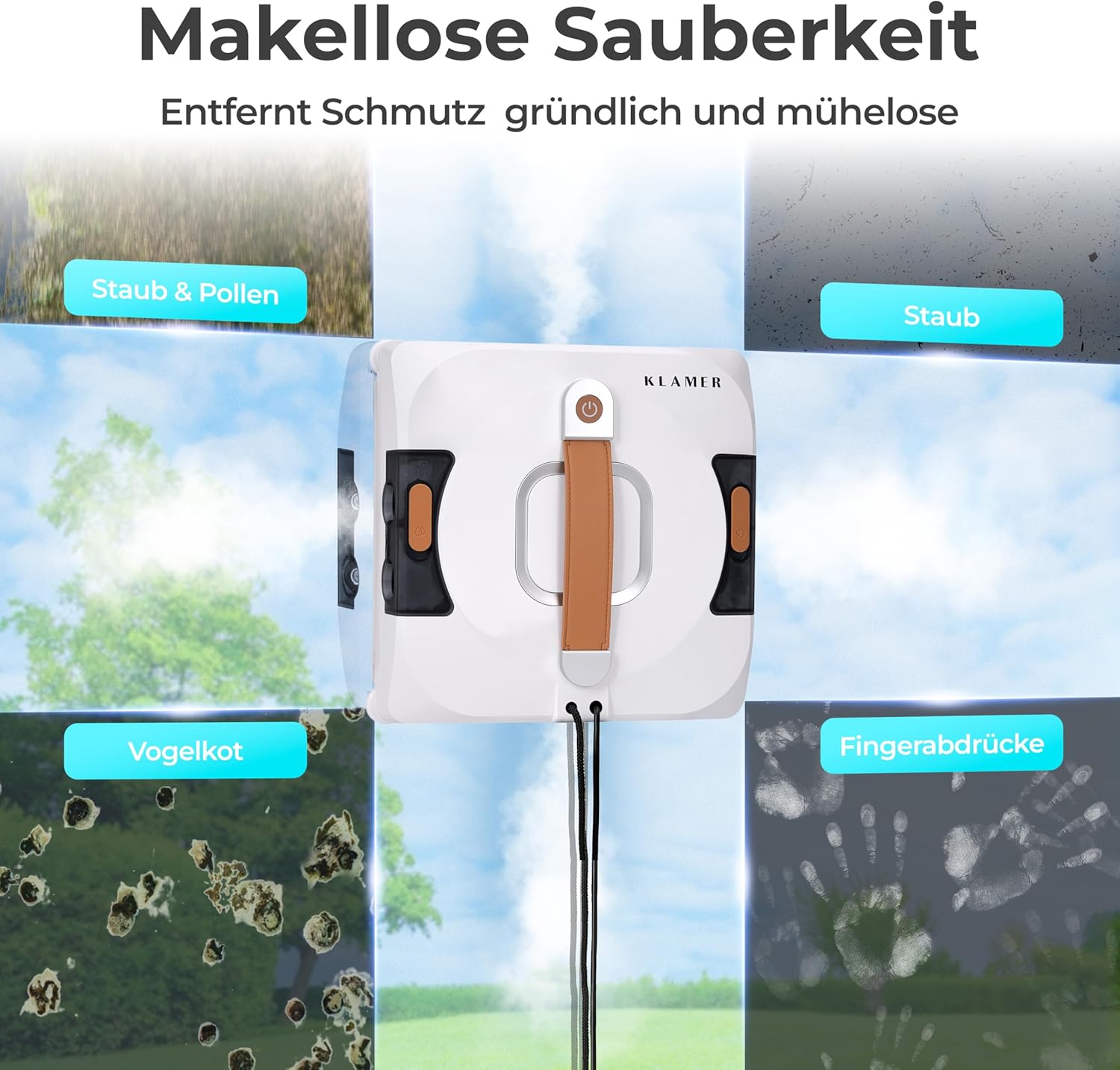KLAMER Fensterputzroboter 3500 Pa – automatischer Fensterreiniger mit 100 ml Doppelwassertank, Nassreinigungsmodus & Rand-Erkennung, leise 60 dB, Absturzsicherung & Smart Pfadplanung