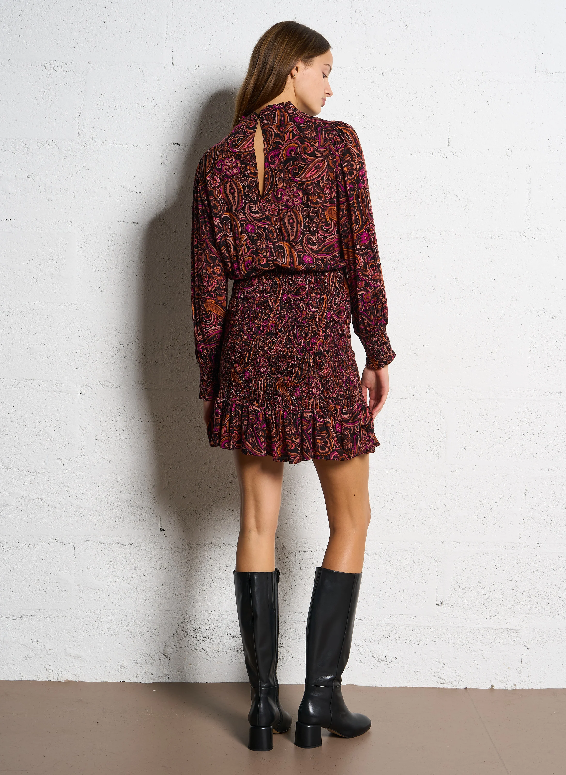 RUDI - Robe courte col victorien à imprimé floral | Marron