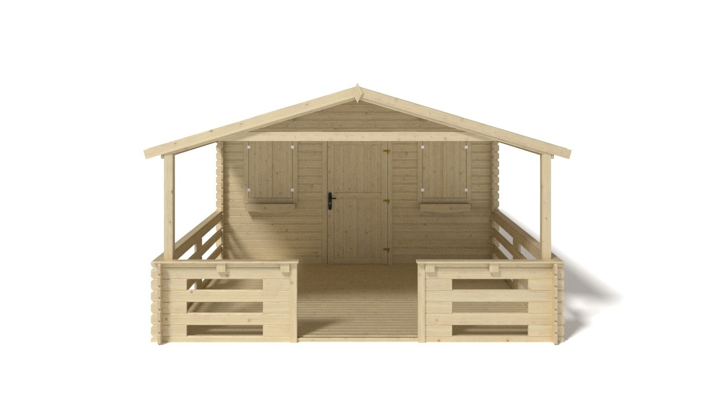 Abri de jardin en bois - 4x3 m - 24 m2 + terrasse avec balustrade et avant-toit en bois