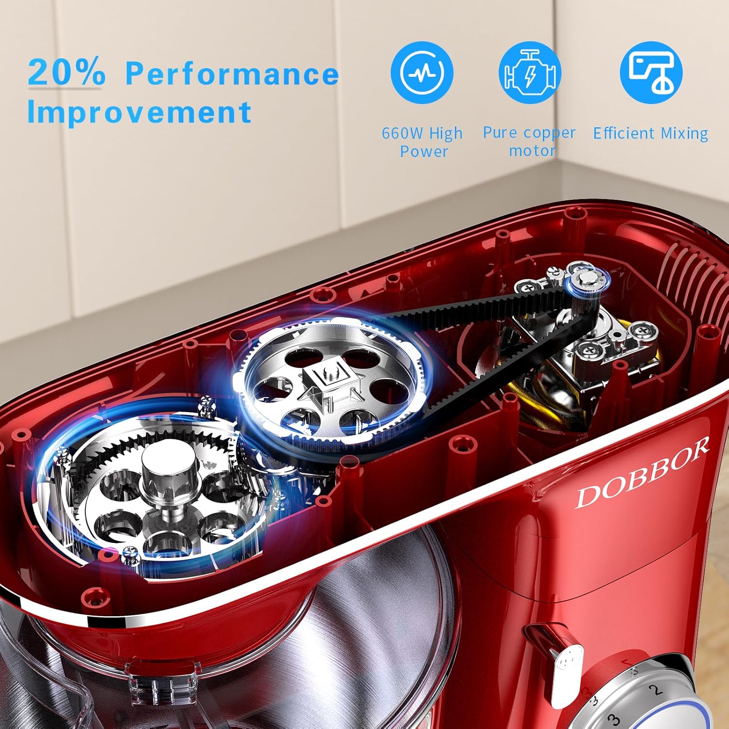 9.5L Küchenmaschine Knetmaschine 1500W, DOBBOR Rührmaschine mit Rührbesen, Knethaken, Schlagbesen, Spritzschutz, 7 Geschwindigkeit Planetarisches Rührsystem, leise und multifunktional (Rood)