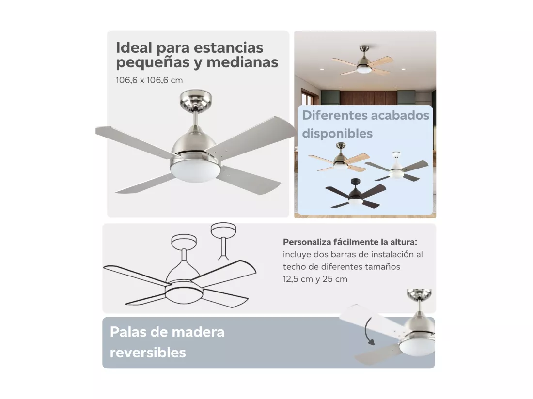 FORLIGHT Ventilateur du Plafond Borneo E27 15W Nickel Satiné Blanc