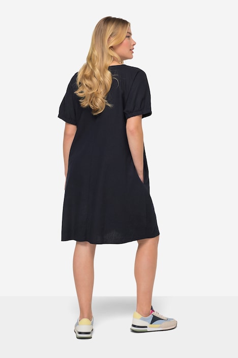 Leinenmix-Kleid, Rundhals, elastische Halbarm-Abschlüsse
