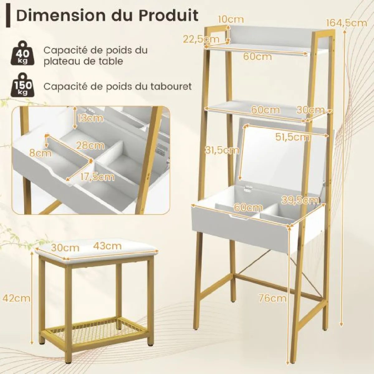 Helloshop26 Coiffeuse industrielle - Doré