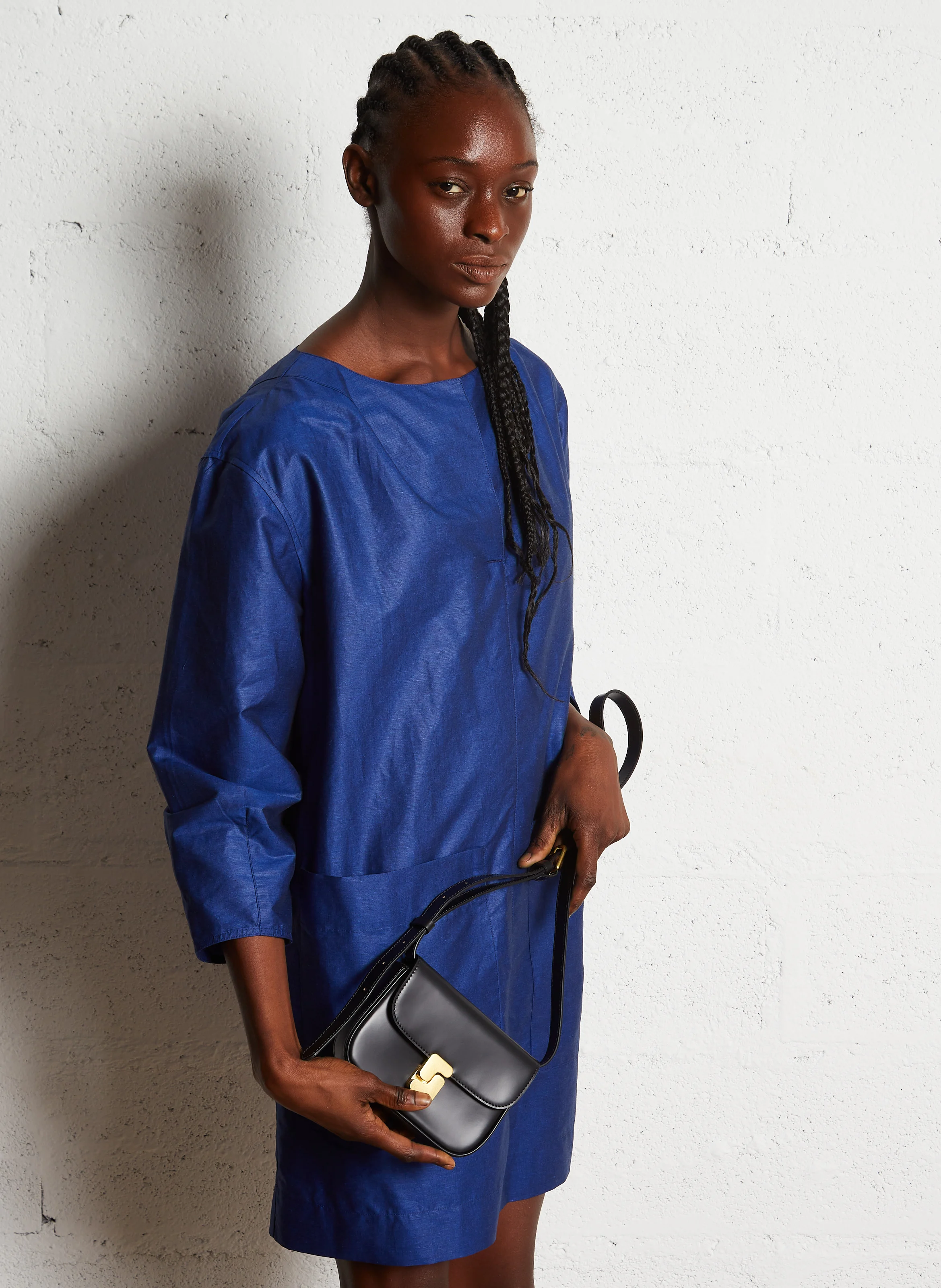 CYBELE - Robe courte ample col tunisien en lin et coton mélangé | Bleu