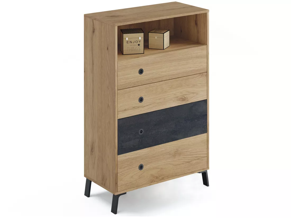 Commode coloris chêne doré / imitation marbre - Hauteur 120 x Longueur 74 x Profondeur 40 cm