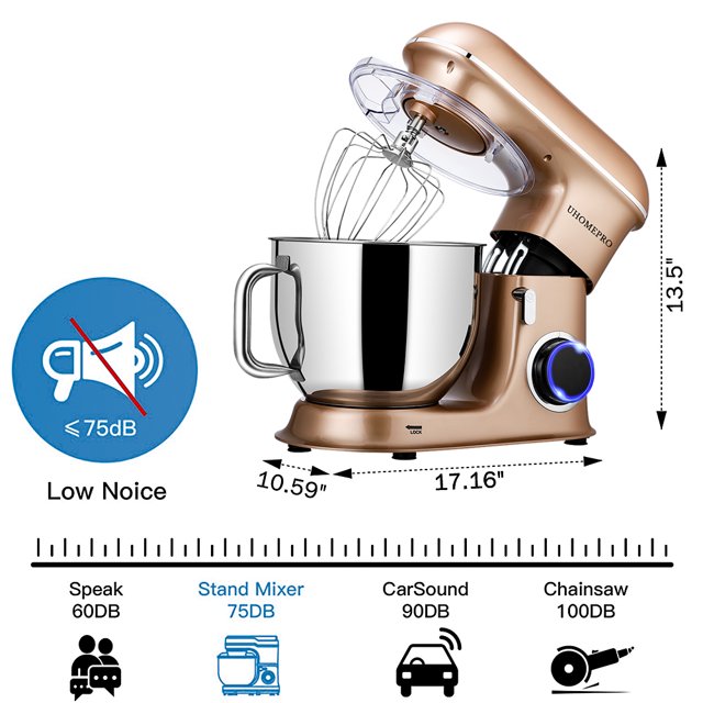 Batedeira de pedestal uhomepro de 7,5 QT para cozinha, 6 velocidades + 0 + P, cabeça inclinável, 660 W, batedeira elétrica para massa, uso doméstico e comercial, com gancho para massa, batedor, batedor de ovos, espátula, própria para lava-louças.