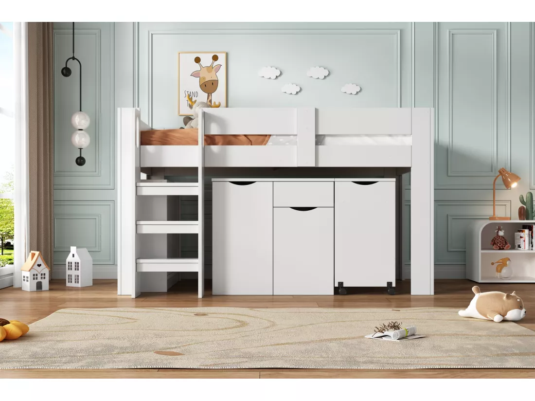 Lit mezzanine 90 x 200 cm avec bureau coulissant, armoire et tabouret - Bois MDF - Blanc (sans matelas)