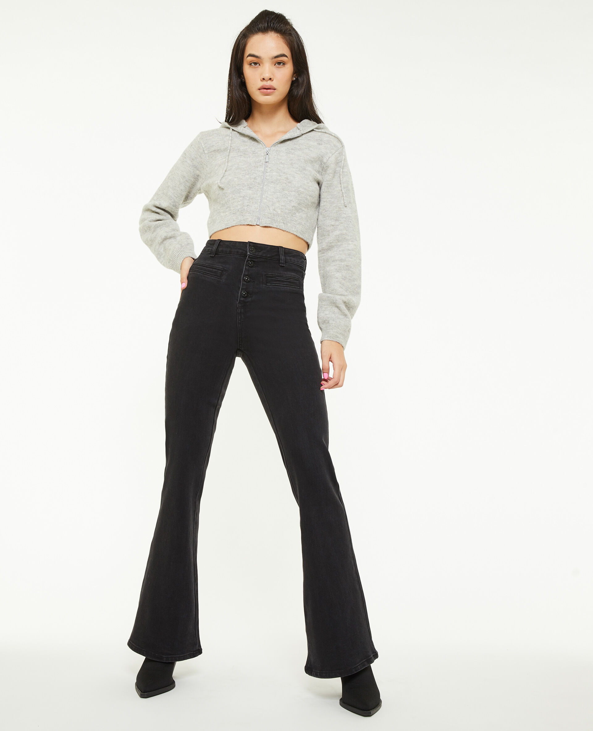 Jean flare taille haute boutons apparents - Noir