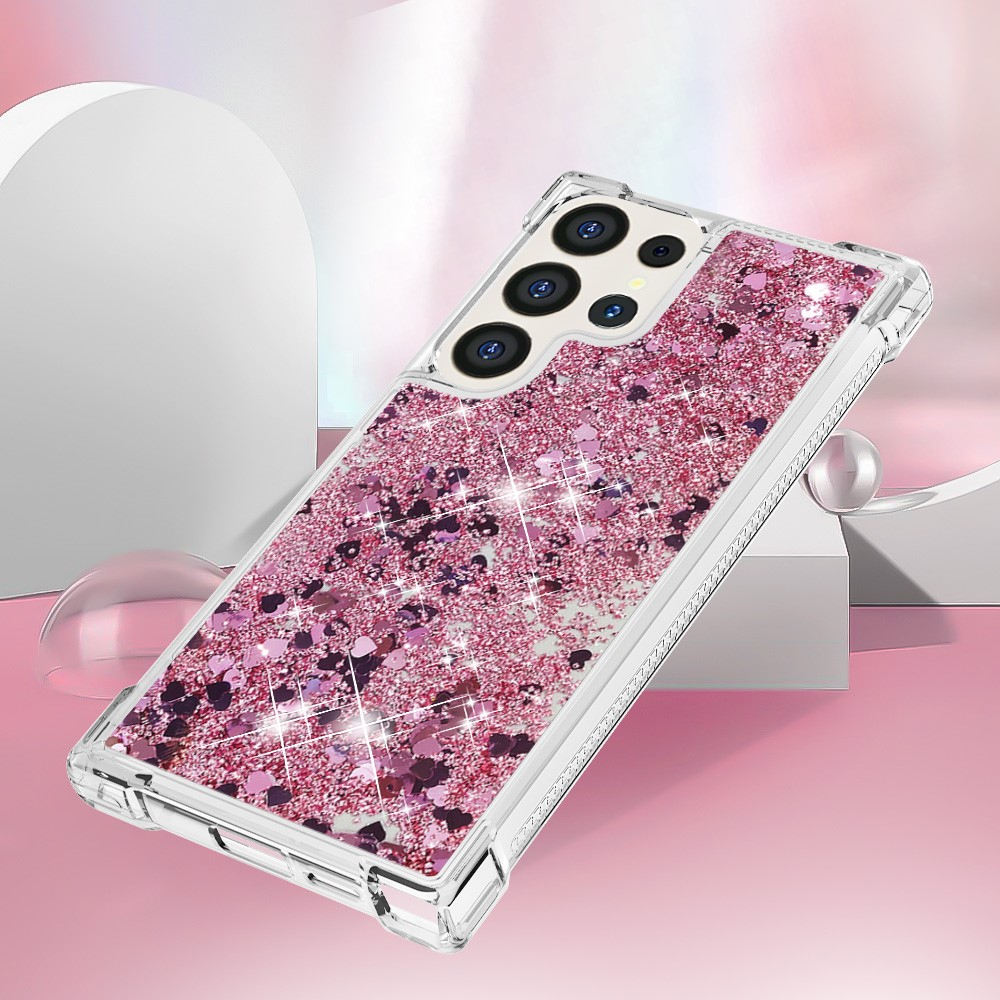 Samsung Galaxy S24 Ultra Hardcase Hülle mit Air Cushion Fallschutz Liquid Case Glitzer Herzen - Pink / Transparent