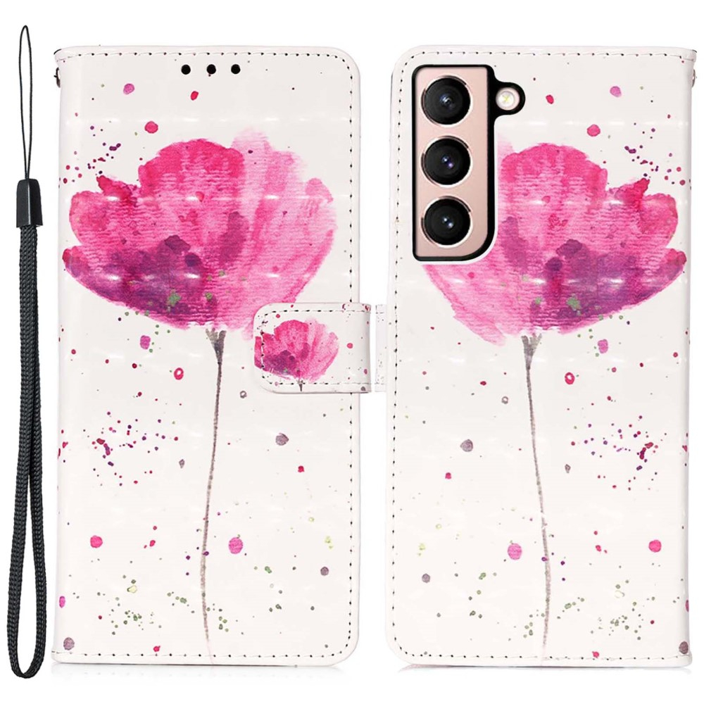 Samsung Galaxy S22 5G Leder Tasche Flipcase mit Kartenfach   Handschlaufe - Pink Flower