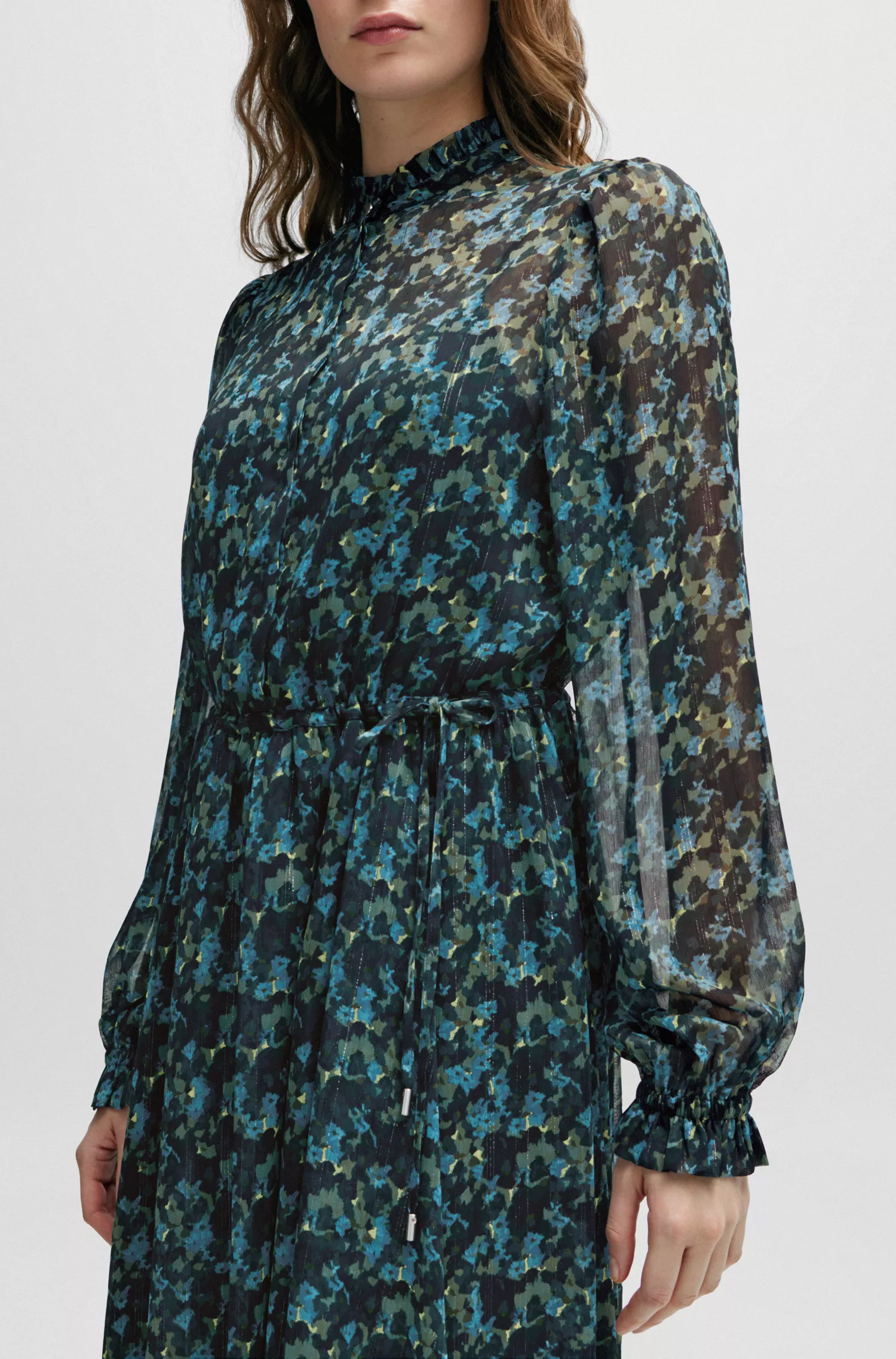 Vestido midi BOSS laranja, modelagem regular, com estampa digital.