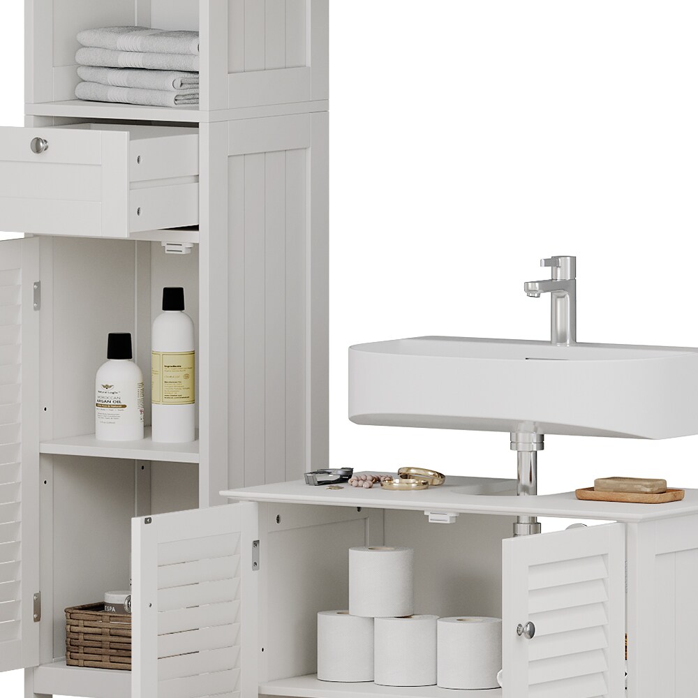 Vicco Badmöbel-Set Riad, Weiß, Badezimmer, moderne Badserie, Lamellen-Front, Waschtischunterschrank, Spiegelschrank, Hochschrank
