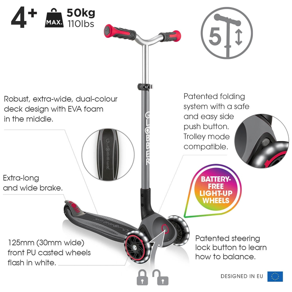 Globber MASTER LIGHTS Faltroller Schwarz-Rot