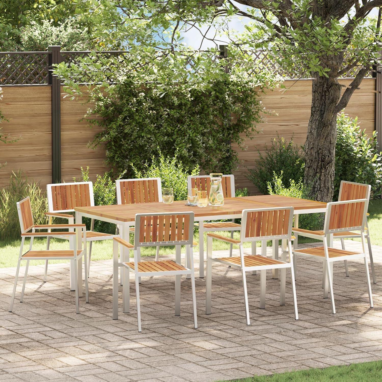 9-teiliges Esszimmer-Set aus massivem Akazienholz mit rechteckigem Tisch 200 x 90 x 74,5 cm und 8 stapelbaren Gartenstühlen, robuste Struktur und natürliches Finish für den Außenbereich