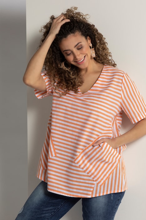 Bluse, Streifenmix, A-Line, V-Ausschnitt, Halbarm