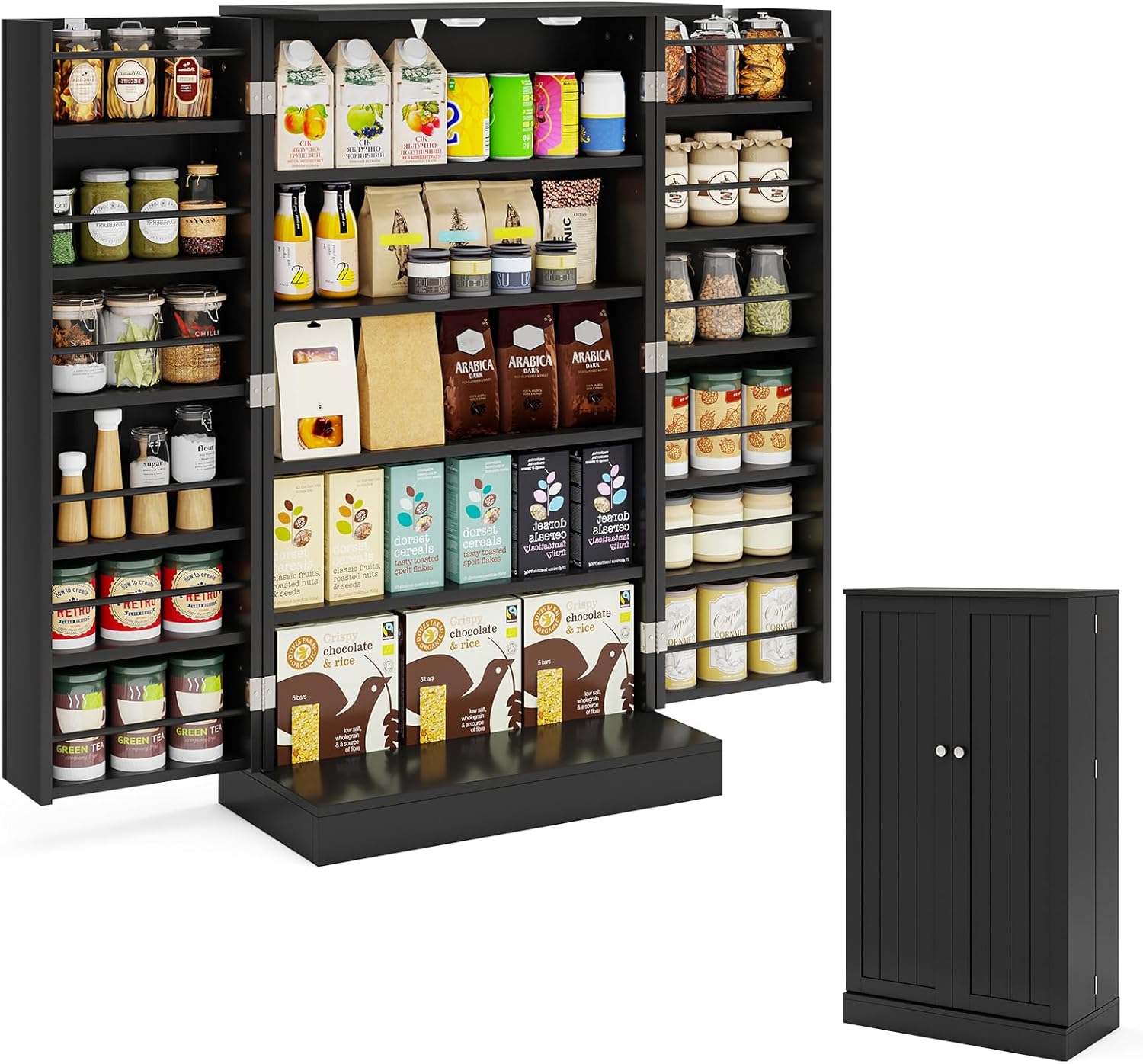 KOMFOTTEU Vorratsschrank mit Doppeltür, Aufbewahrungsschrank mit verstellbaren Einlegeböden, Mehrzweckschrank Apothekerschrank Holz, Beistellschrank für Küche Flur (Schwarz)