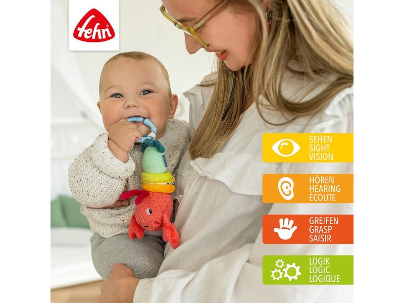 fehn Hummer mit Vibration Mehrfarbig Motorikspielzeug zum Aufhängen für Kinderwagen, Kinderbett und Babyschale