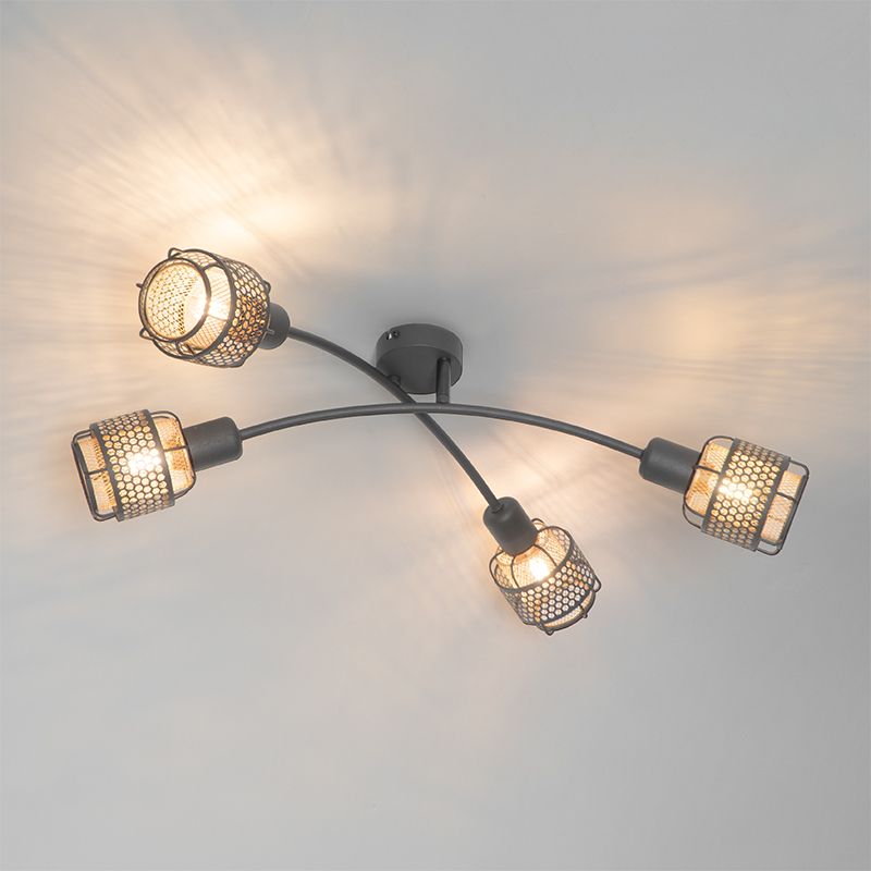 Design plafondlamp zwart met goud 4-lichts - Noud
