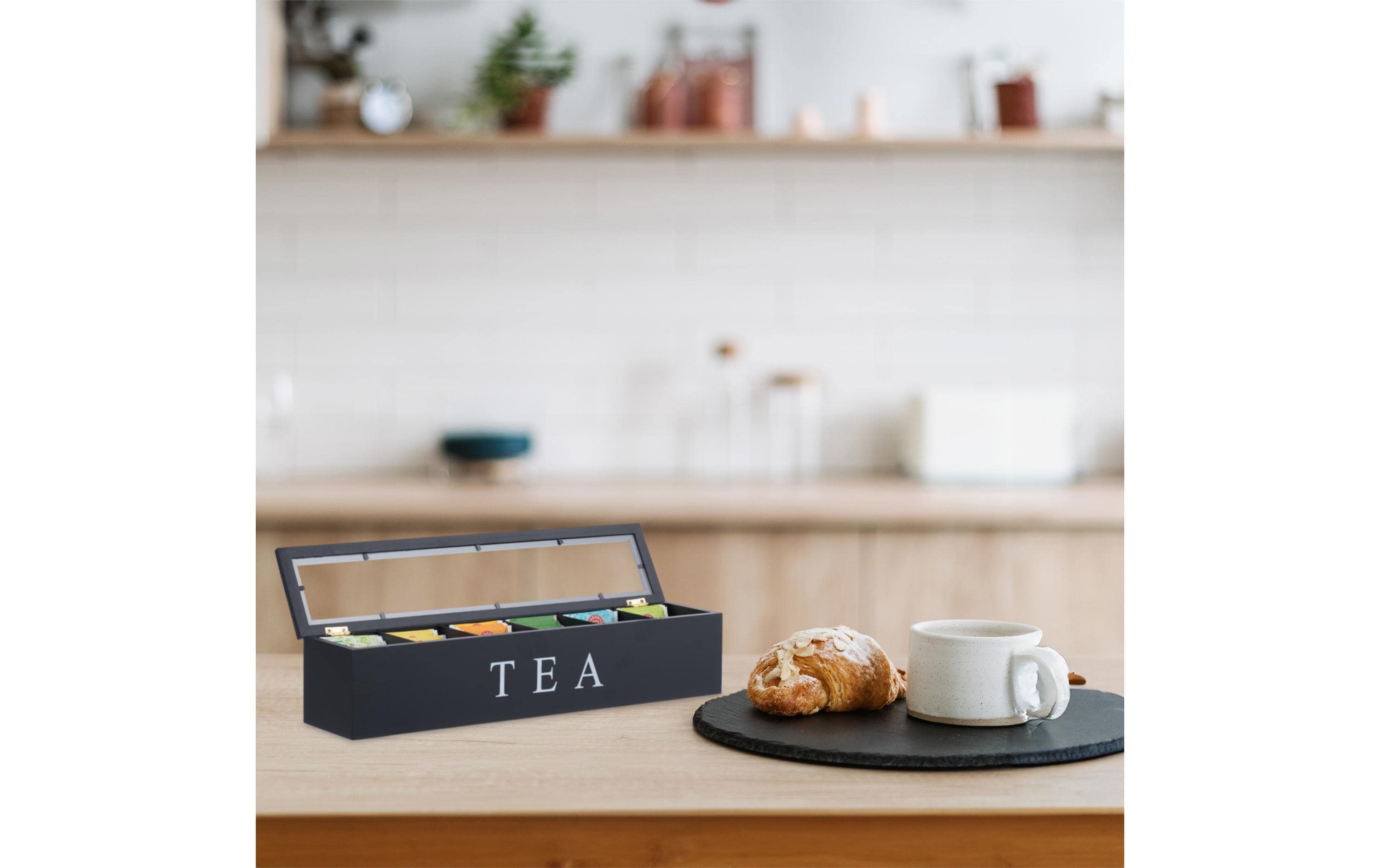 Teebeutel-Box Schwarz/Transparent/WeissTeebox mit 6 Fächern