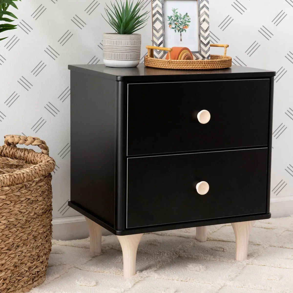 Babyletto Table de Nuit Lolly avec Port USB - Noir et Naturel Lavé