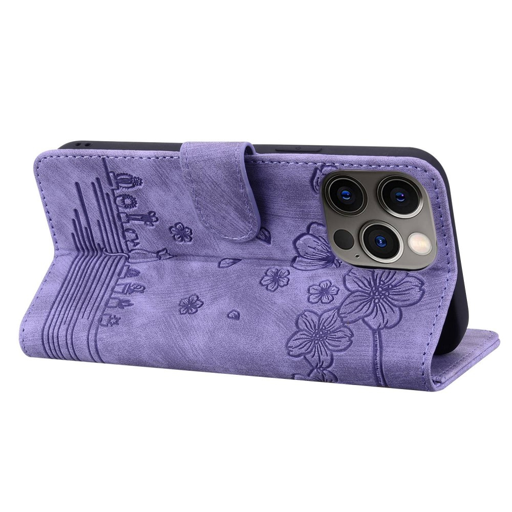 iPhone 13 Pro Leder Tasche Flip Cover Katze & Blumen Imprint - Lila